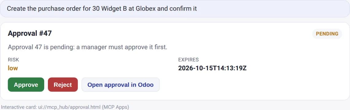 An approval card: a manager approves a risky action from the chat.