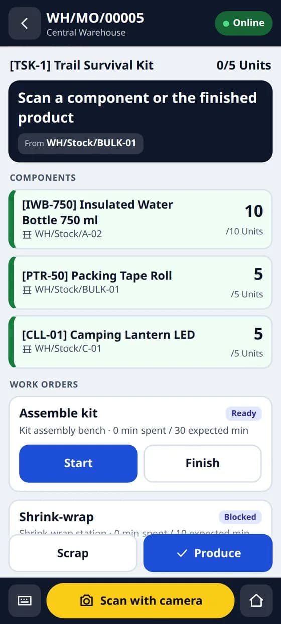 Components of a manufacturing order on the phone.