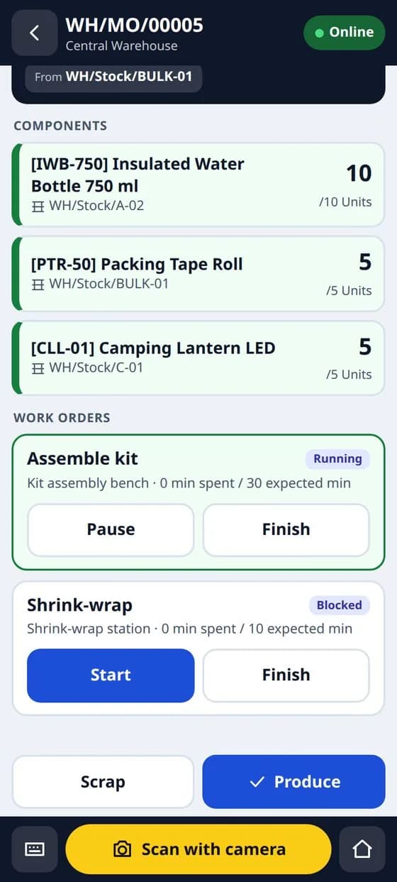 A work order running, with the clock started.