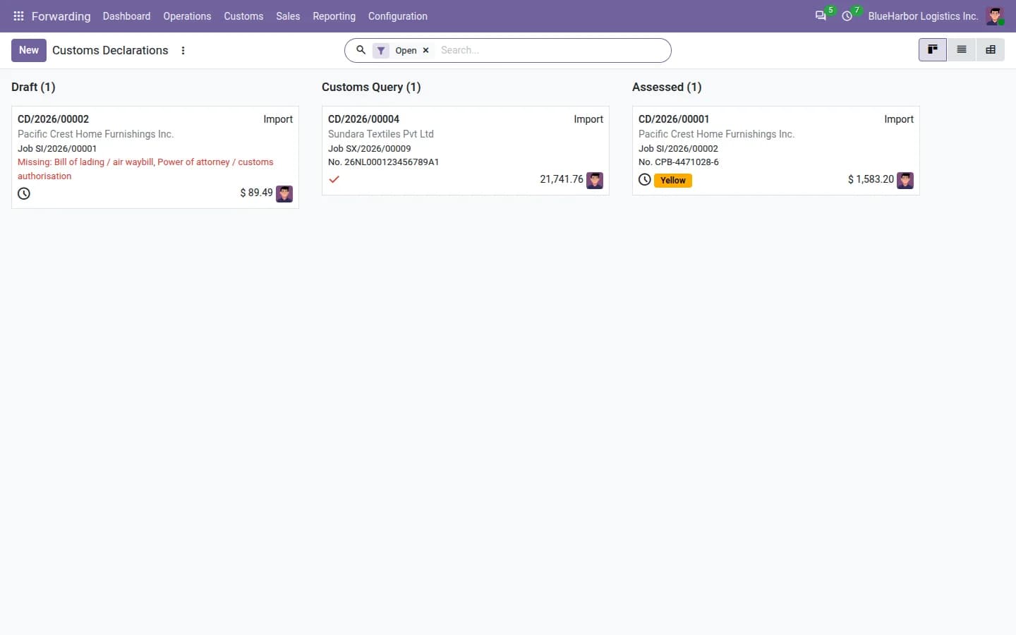 Broker desk: declarations by status.
