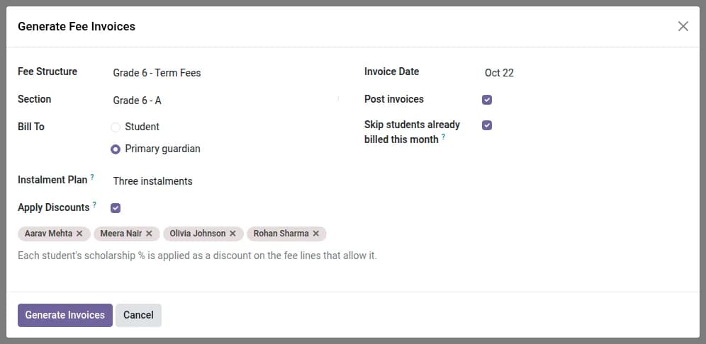 Fees split into installments.