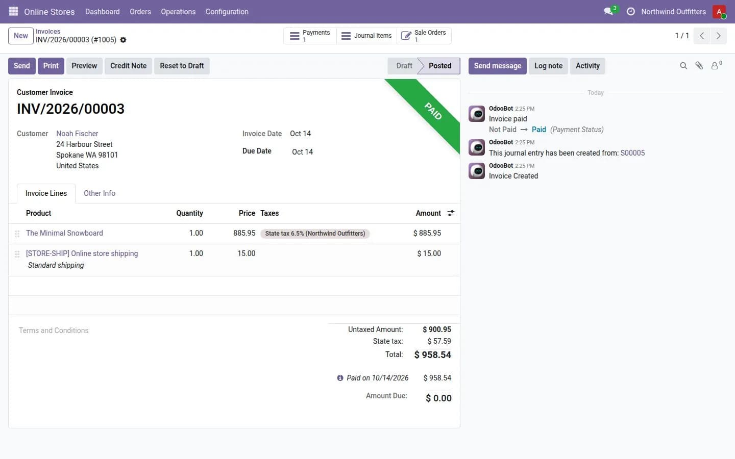 A Shopify order in Odoo: invoiced and paid, with the gateway payment.