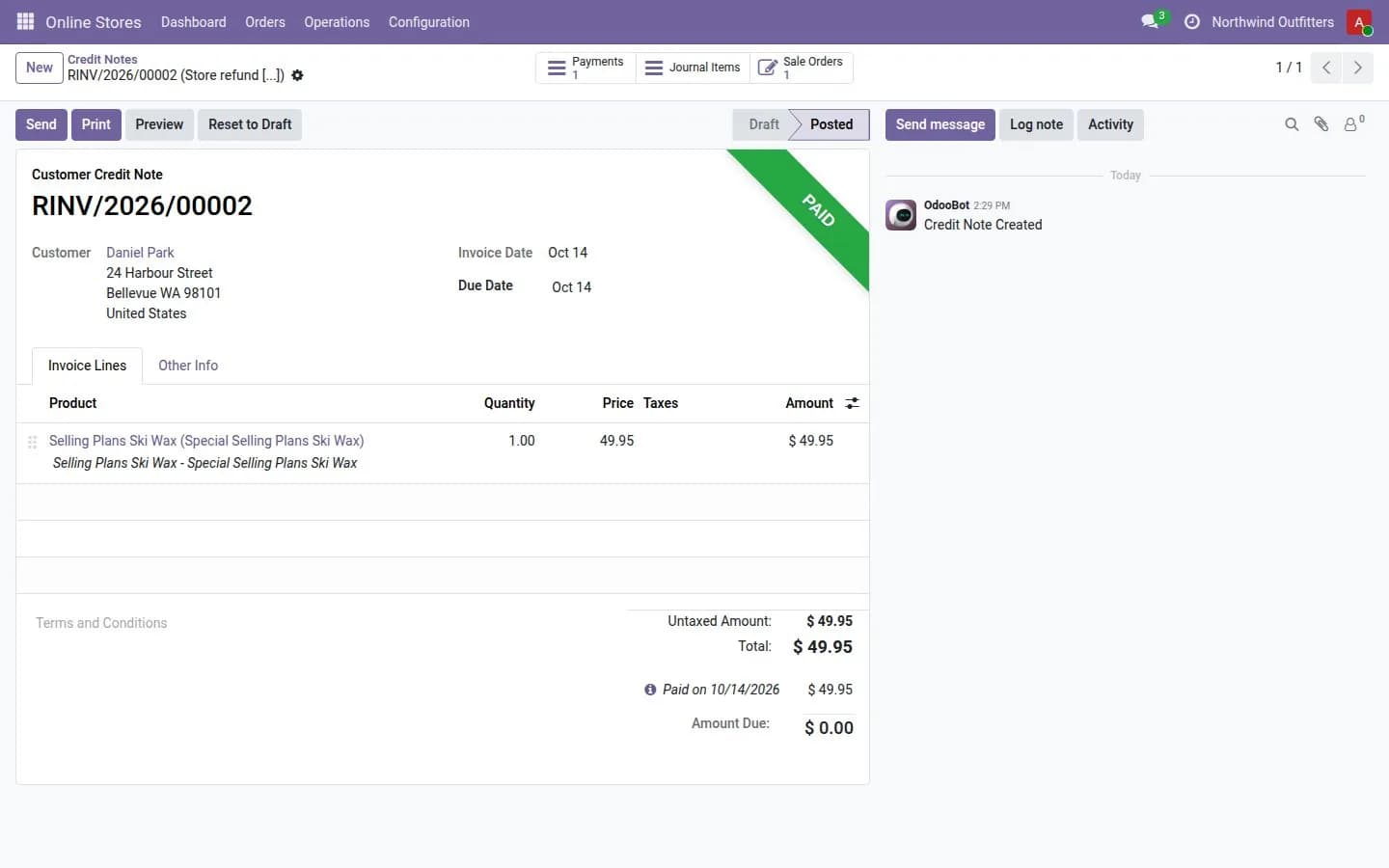 A Shopify refund arrives as a credit note.
