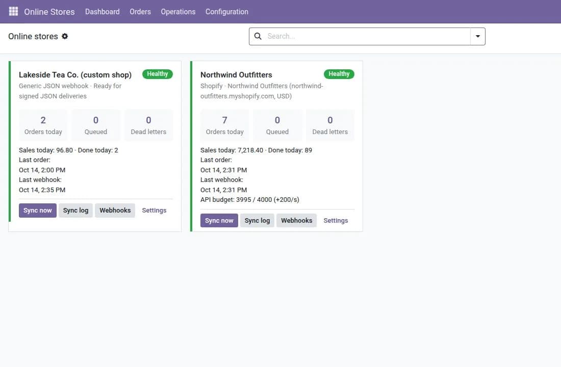 Store dashboard: sync health, queue and items that need attention.