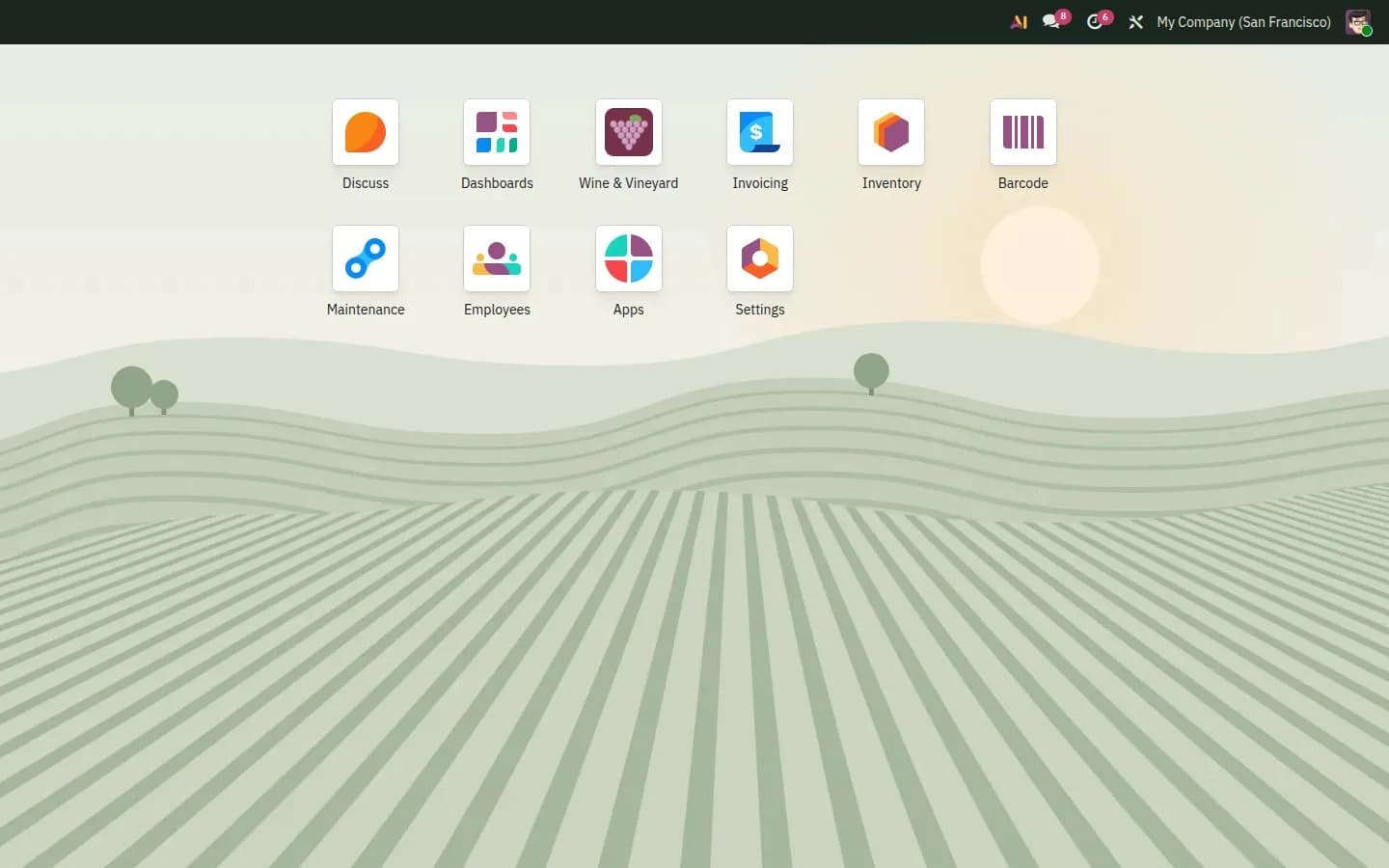 Enterprise home menu with the vineyard background of the wine theme.